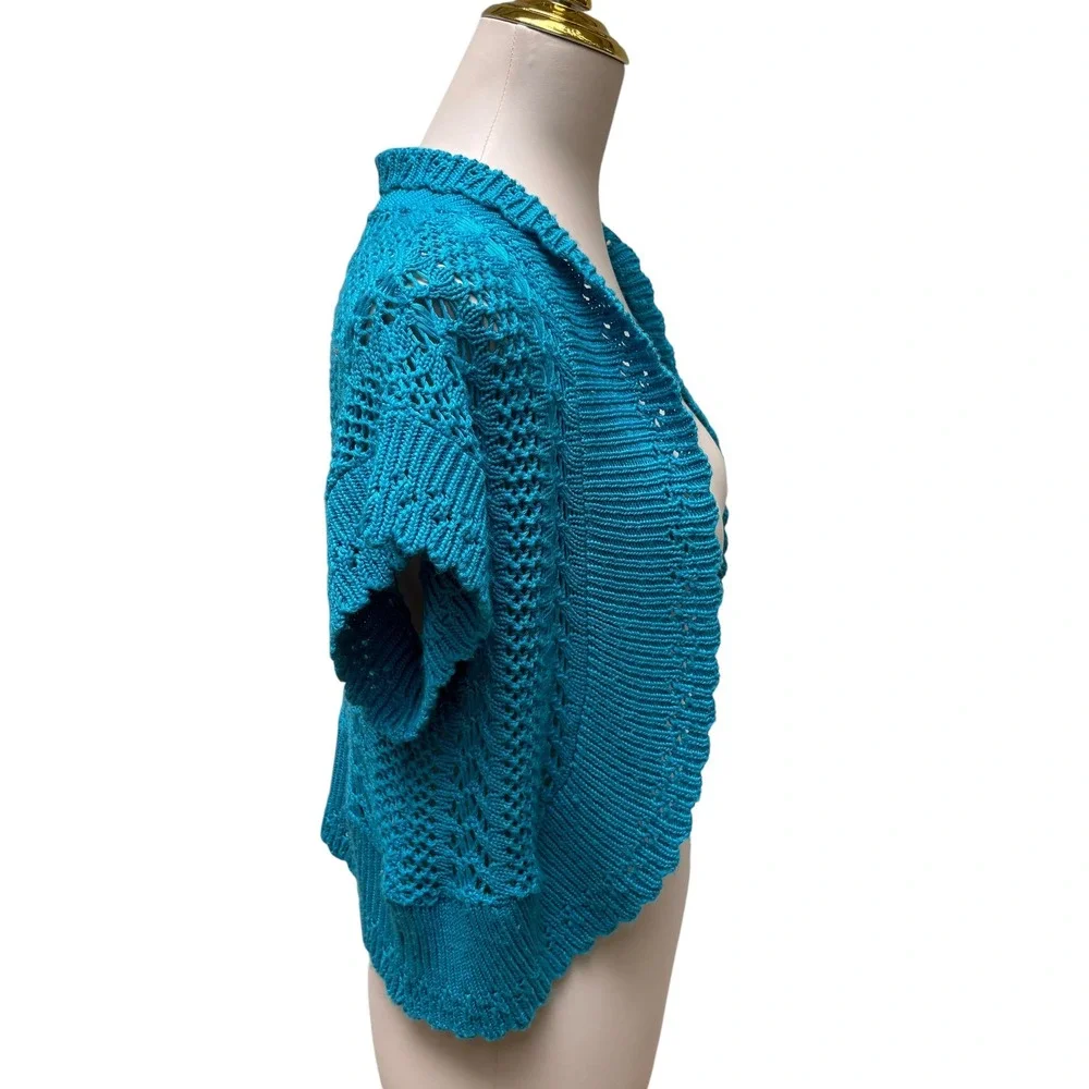Sweaterworks Bolero Shrug SmTurquoise Blue Pointelle Open Knit Cropped Coastal - Picture 3 of 7